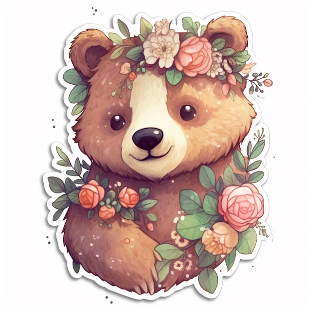 Er zit een sticker op van een beer met bloemen erop generatieve ai