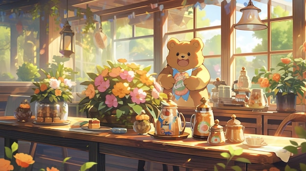 Er zit een teddybeer aan een tafel met bloemen.