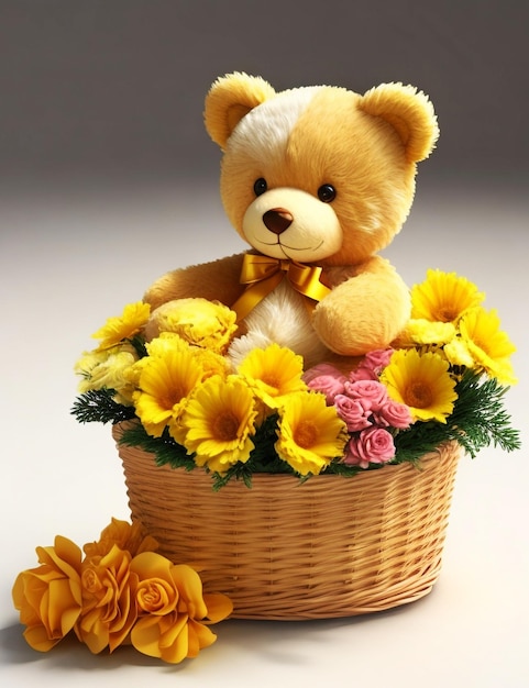 Er zit een teddybeer in een mand met bloemen