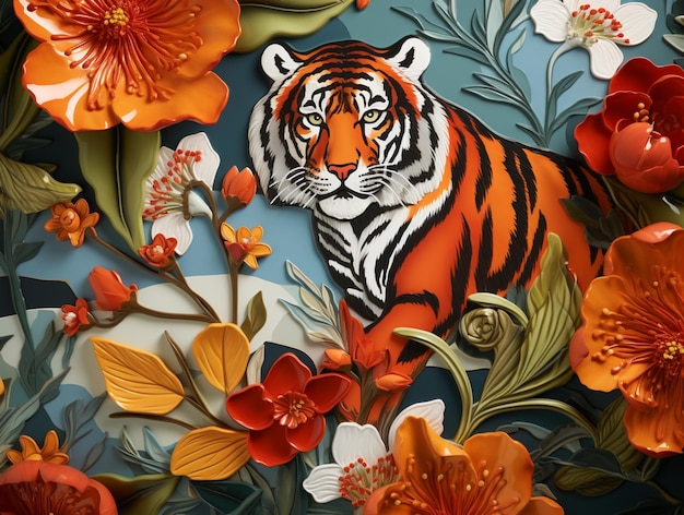 Er zit een tijger in het midden van een bloemenarrangement.