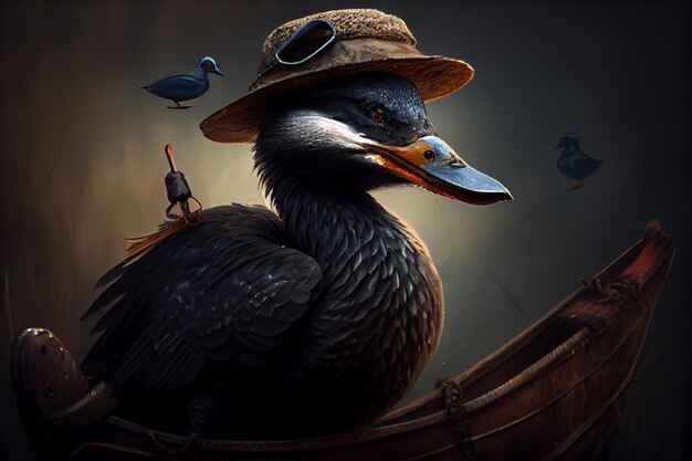Er zit een vogel met een hoed en een zonnebril op een boot.