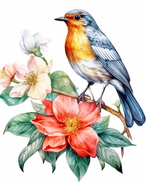 Er zit een vogel op een tak met bloemen generatieve ai