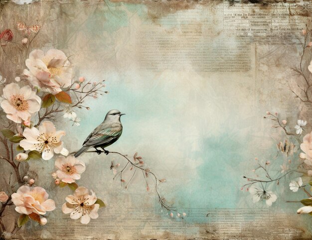 Er zit een vogel op een tak van een boom met bloemen generatieve ai