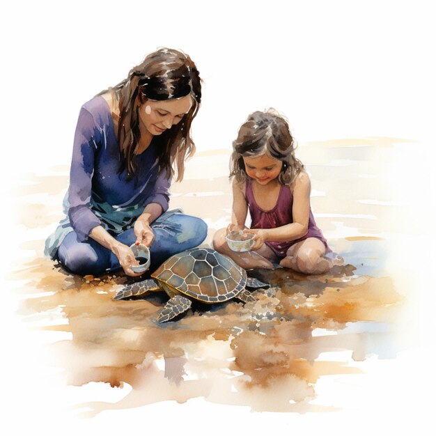 Er zit een vrouw en een kind op het strand met een schildpad generatieve ai