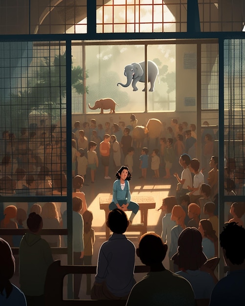 Er zit een vrouw in een kooi te kijken naar een generatieve ai van een olifant