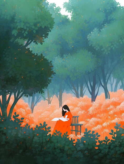 Er zit een vrouw op een bankje in een veld van bloemen.