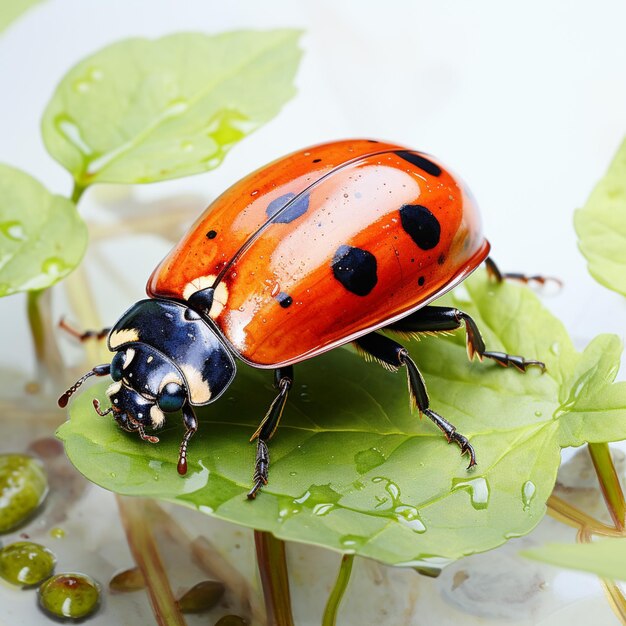 Er zit een vrouwelijke insect op een blad.