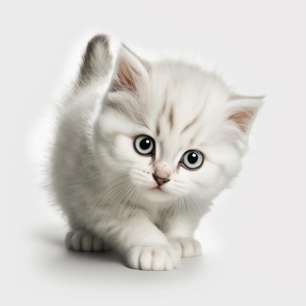 Er zit een wit kitten met blauwe ogen op een wit oppervlak.