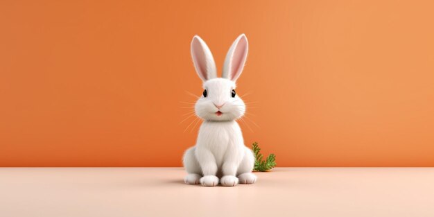 Er zit een wit konijn naast een wortel op een tafel.