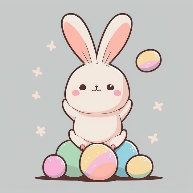 Er zit een wit konijn op een paar kleurrijke eieren.