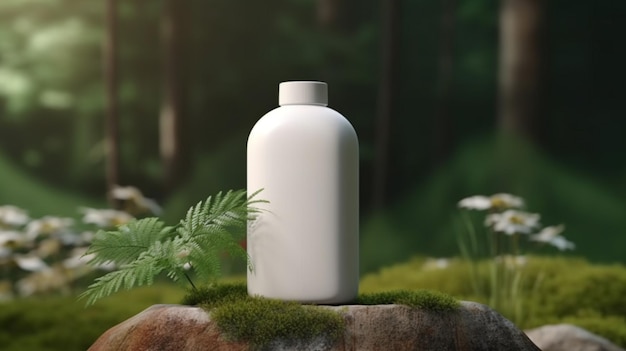 Er zit een witte fles op een rots in het bos generatieve ai