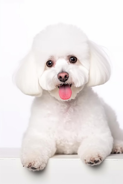 Er zit een witte hond met een roze tong op een tafel.