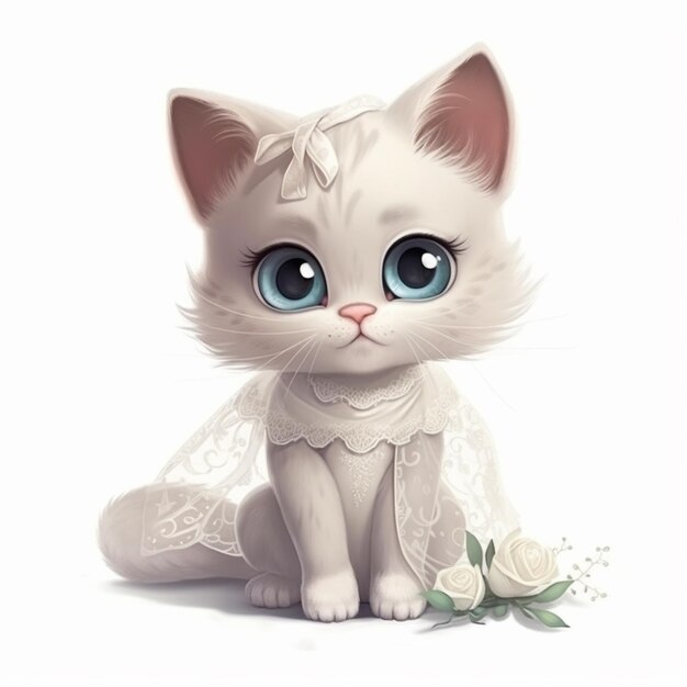 Foto er zit een witte kat met blauwe ogen naast een bloem.