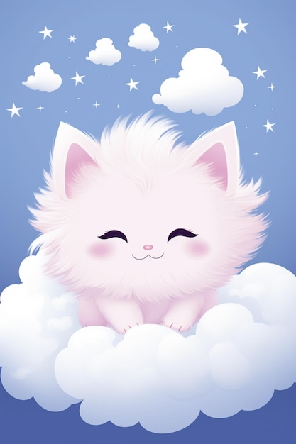Er zit een witte kat op een wolk.