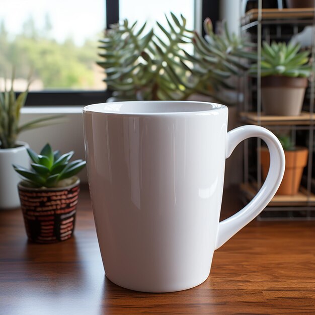 Foto er zit een witte koffiekop op een tafel naast een potplant.