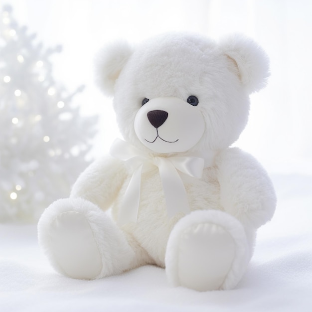 er zit een witte teddybeer voor een kerstboom generatieve ai