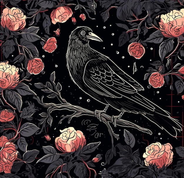 er zit een zwarte vogel op een tak met rozen generatieve ai