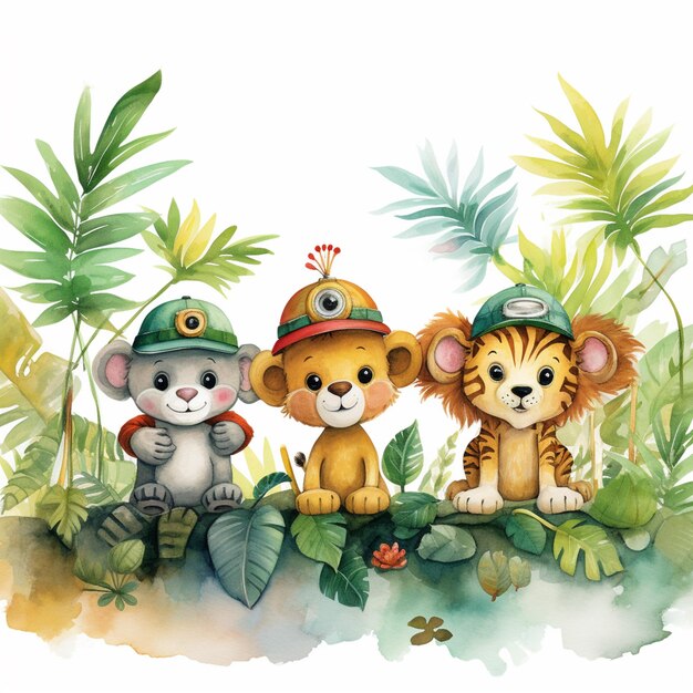 Er zitten drie kleine dieren op een boomstam in de jungle.