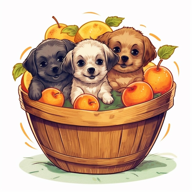 Er zitten drie puppy's in een mand met sinaasappels generatieve ai