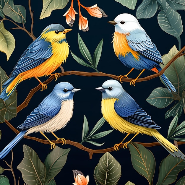 Er zitten drie vogels op een tak met bladeren en bloemen generatieve ai
