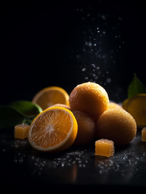 Er zitten sinaasappels en stukjes sinaasappels op een tafel.
