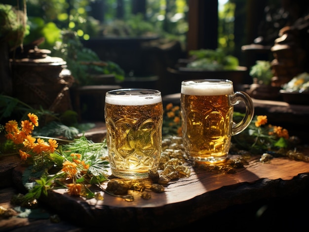 Er zitten twee glazen bier op een houten tafel.