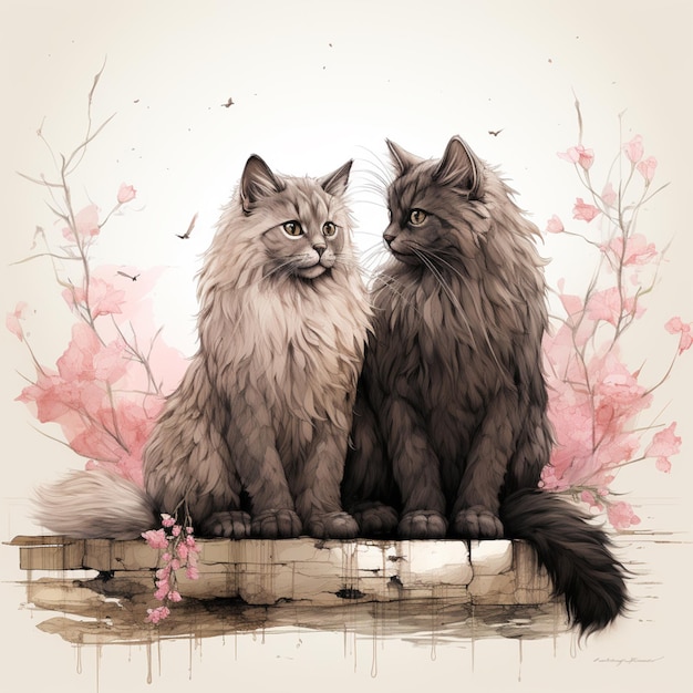Er zitten twee katten op een boomstam met bloemen op de achtergrond.