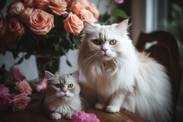 Foto er zitten twee katten op een tafel naast een vaas met bloemen generatieve ai
