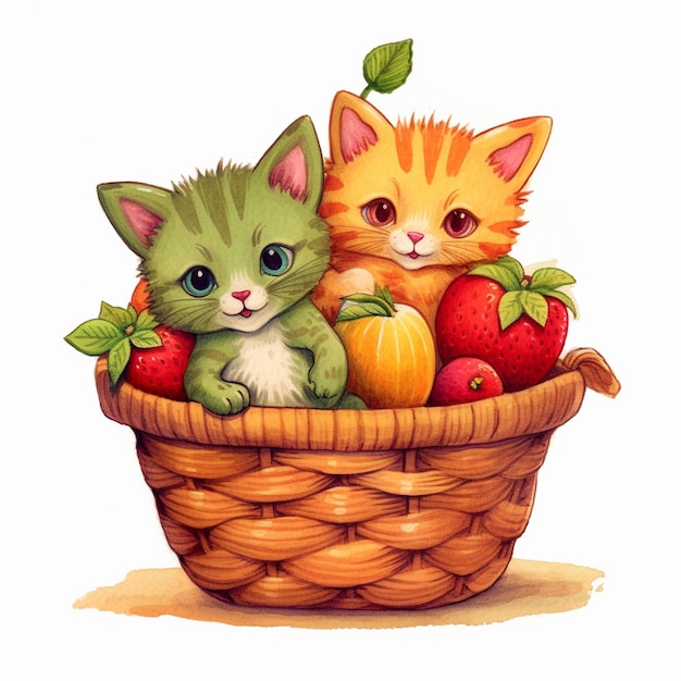 Er zitten twee kittens in een mand met fruit generatieve ai