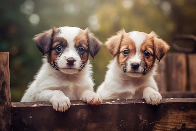 Er zitten twee kleine honden in een houten krat generatieve ai