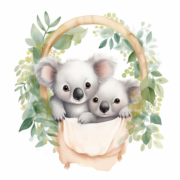 Foto er zitten twee koala's in een mand met bladeren.