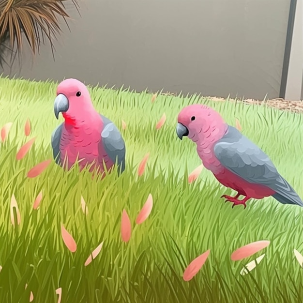 Foto er zitten twee roze en blauwe vogels in het gras generatieve ai