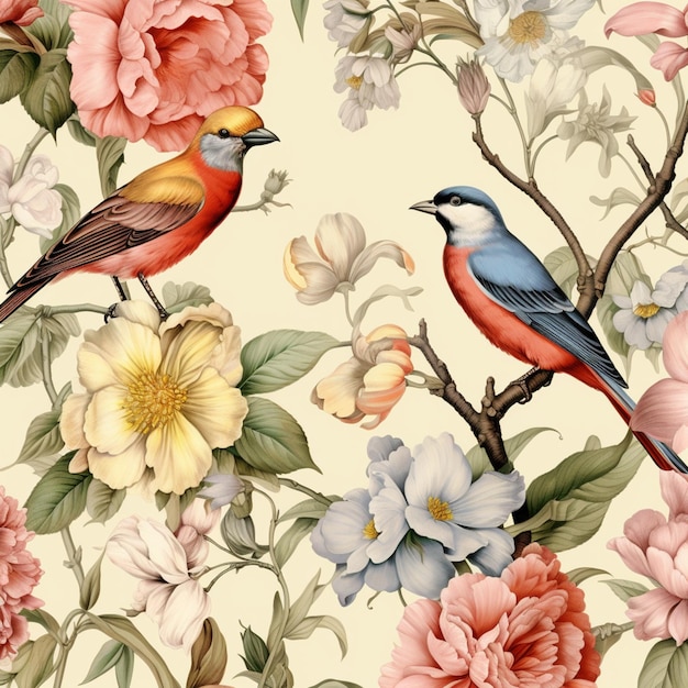 Er zitten twee vogels op een tak van een boom met bloemen.