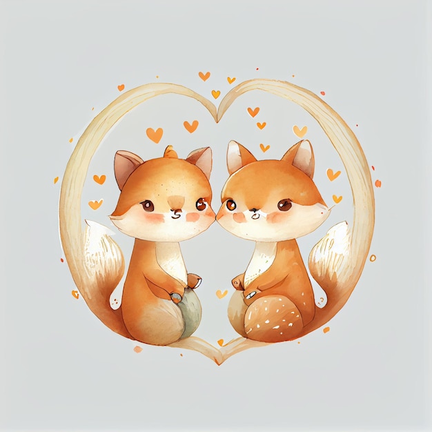 Er zitten twee vossen in een hartvormig frame.