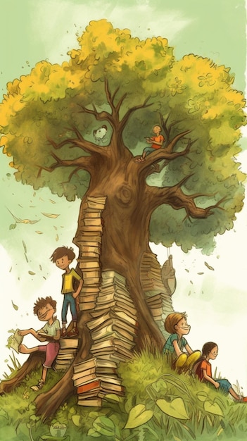 er zitten veel kinderen in een boom met boeken generatieve ai