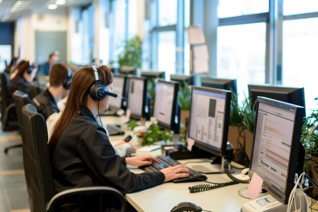 Er zitten veel mensen aan bureaus met computers en headsets.