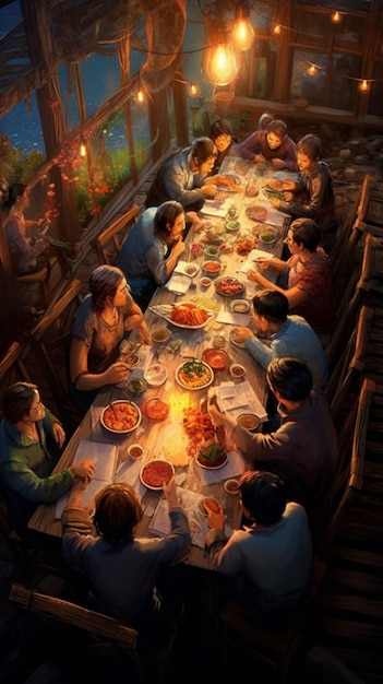 er zitten veel mensen aan een tafel die samen eten generatieve ai
