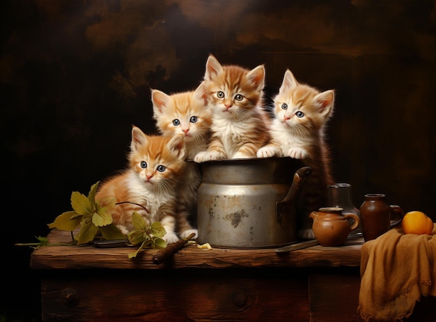 Er zitten vier kittens in een pot op een tafel.