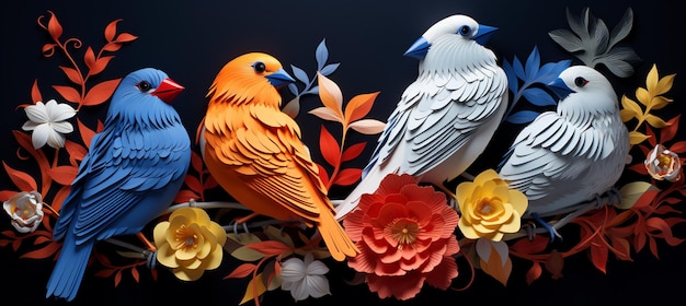 er zitten vier vogels op een tak met bloemen generatieve ai