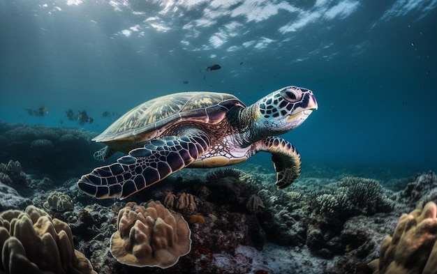 Er zwemt een schildpad in de oceaan met generatieve ai koralen