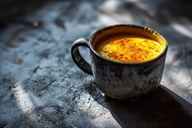 Eramic mug full of turmeric latte on grey concrete background hard light