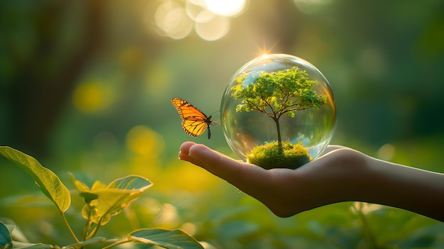 Photo erene and ethereal moment where a human hand is delicately holding a transparent glass orb inside t