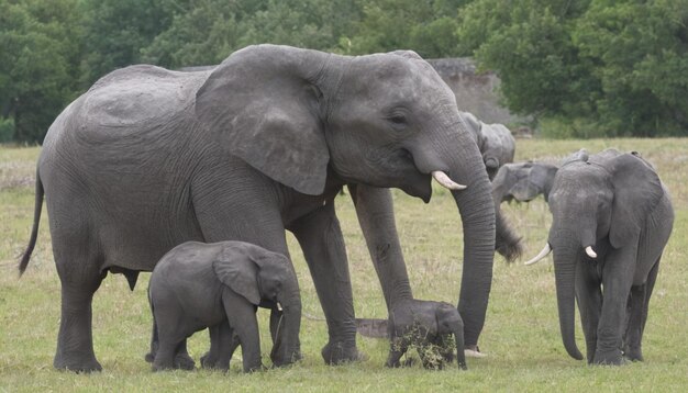 erene moment of a group of elephants including adults and calves grazing in a grassy field The el