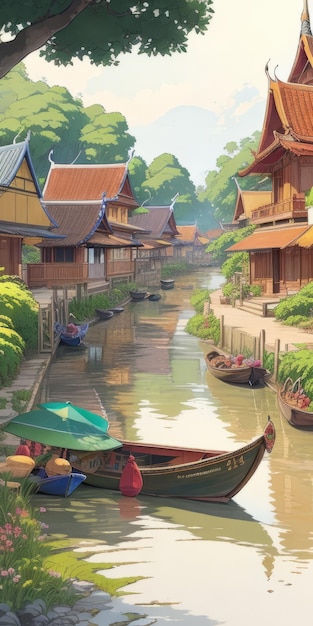 Photo erenity in color a rural riverside sketch with wooden houses