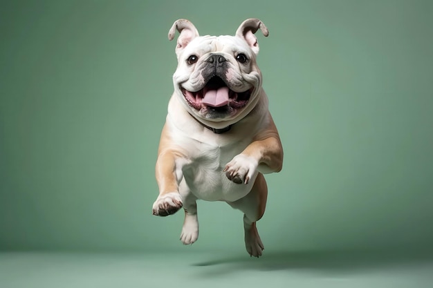 Erg blij vrolijke hond Bulldog In springen tijdens de vlucht op lichtgroene achtergrond Full Body Wide Angle Studio Photo Generative AI