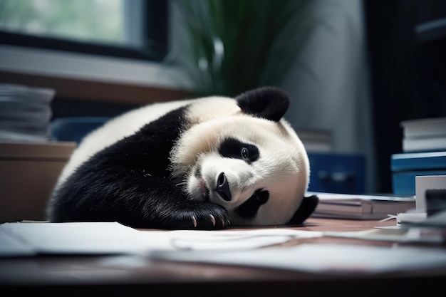 erg vermoeide panda slaapt op veel bestanden
