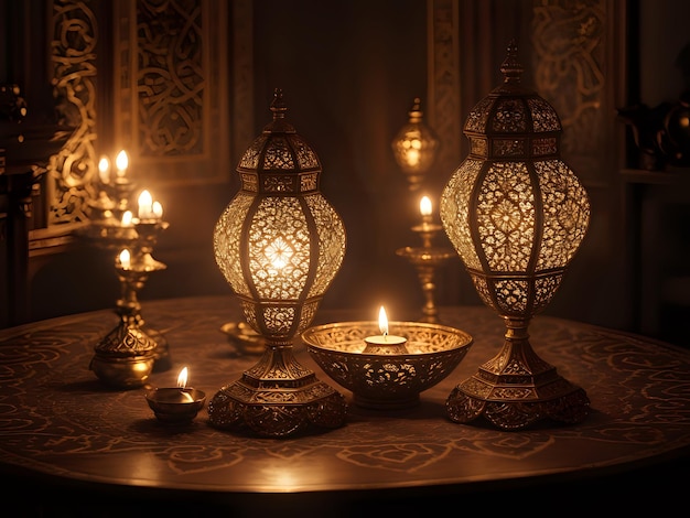 Ergonomic Elegant ornamental islamic lantern on a wooden table makes a perfect ambience for Ramadan or Eid Copy Space