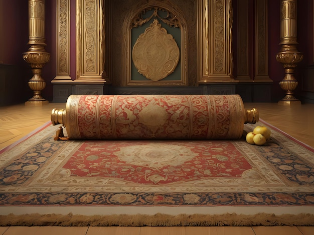An Ergonomic Elegant ornamental rolled islamic prayer mat Ramadan mubarak or Eid mubarak Copy Space