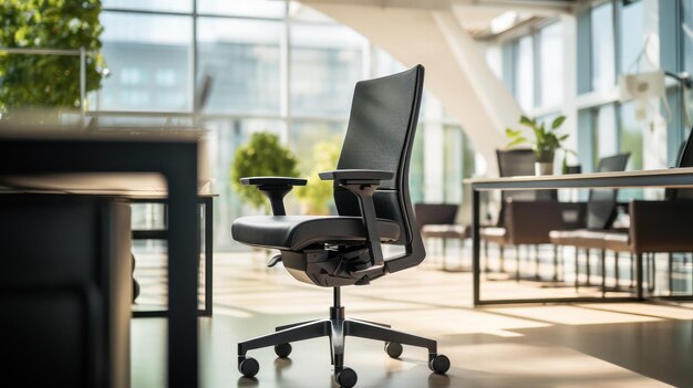 An ergonomic home office chair paired with an adjustable standing desk setup