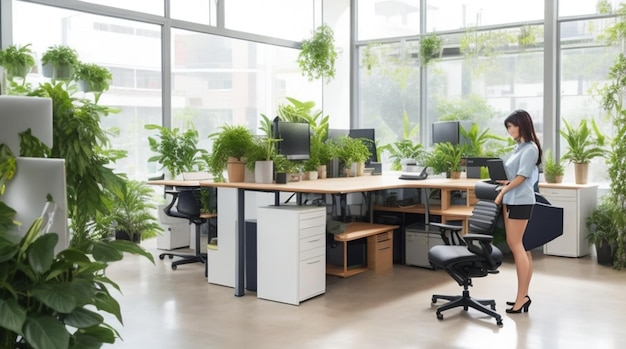 Ergonomically Designed Office with Standing Desks and Greenery